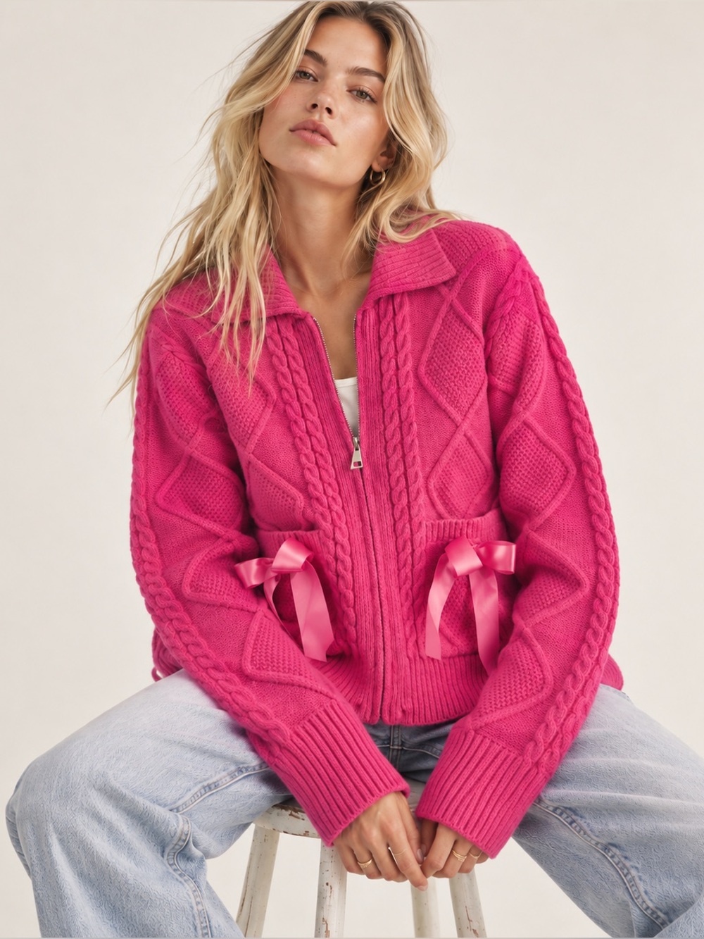 #777 Fuchsia Cable-Knit Zip Cardigan Sweater with Ribbon Pockets